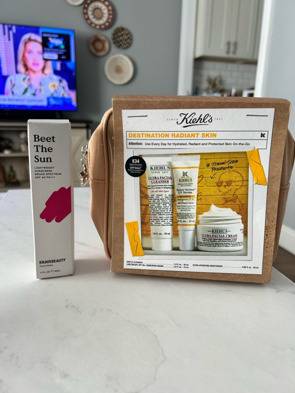 Kiehls travel skincare set and Krave Beet the Sun